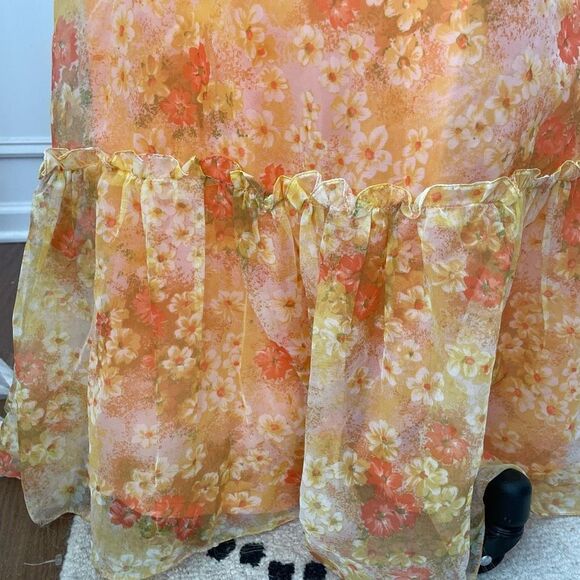Vintage 60s 70s Orange Yellow Garden Party Chiffon Floral Gown Long Dress 4 6 S - Picture 4 of 9